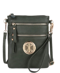 Women's Rich Faux Leather Organizer Multi Zipper Pockets Crossbody Bag WU002L OLIVE